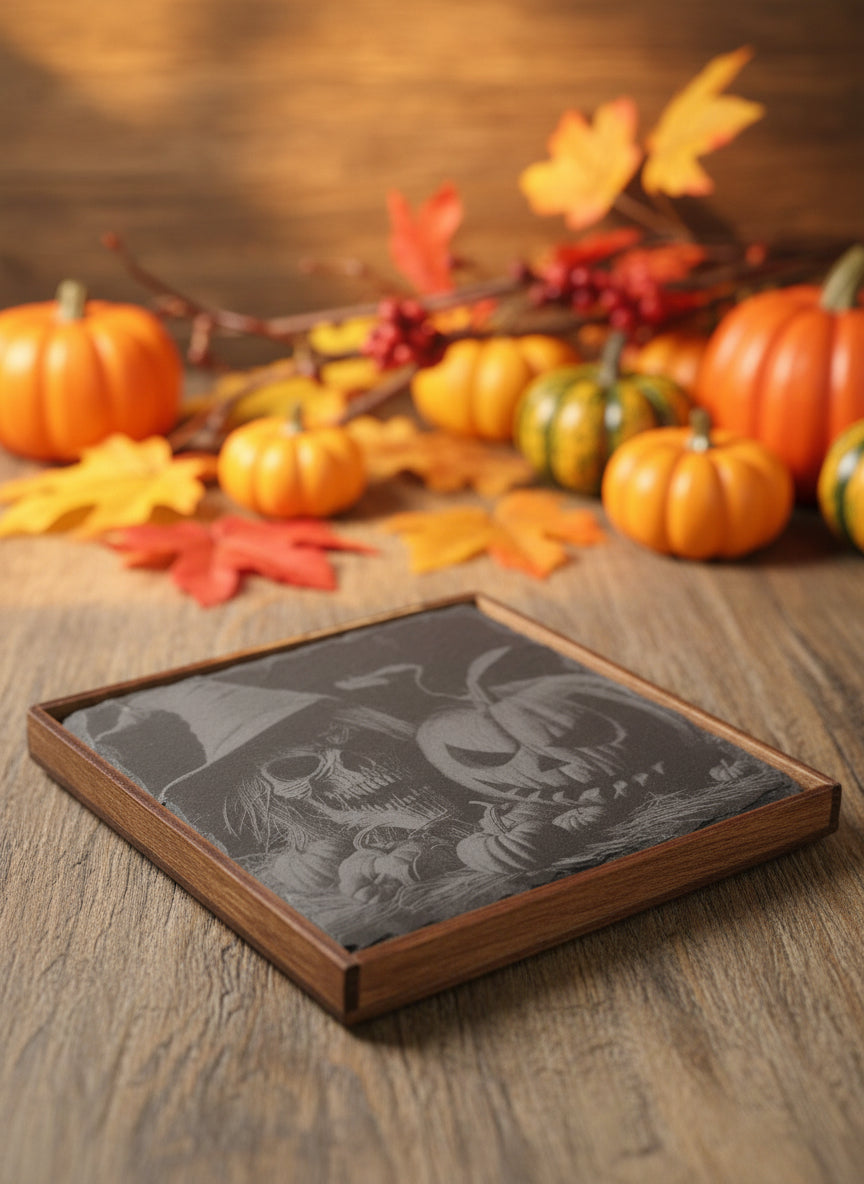 Decorative coaster with a skull and pumpkin design in a wooden frame.