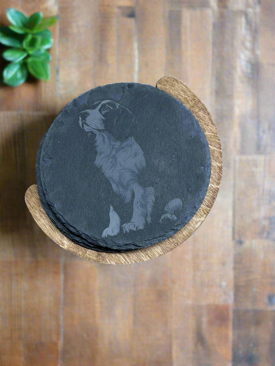 Slate Engraved Dog Coasters W/Holder