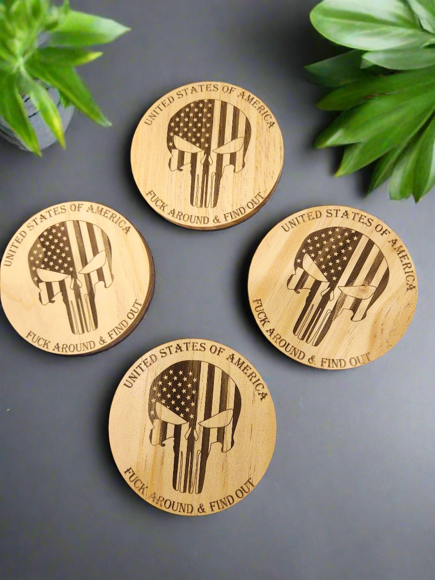 4 Engraved Wood Coasters W/Holder