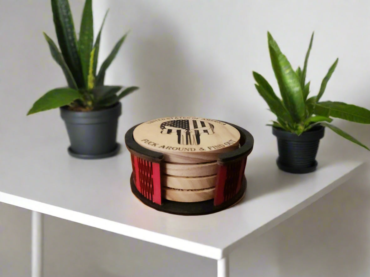 4 Engraved Wood Coasters W/Holder