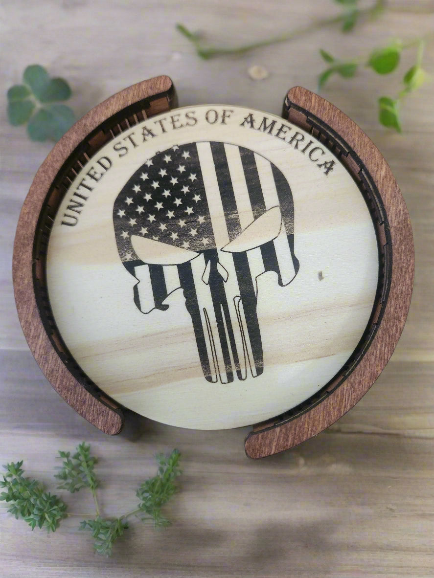 4 Engraved Wood Coasters W/Holder