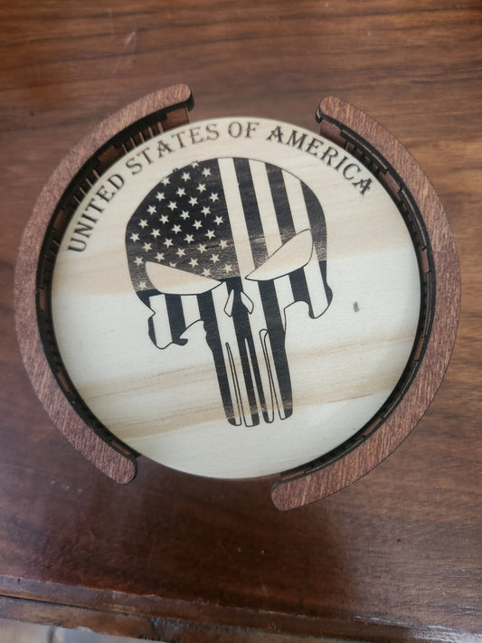 4 Engraved Wood Coasters W/Holder