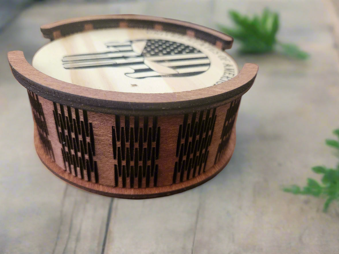 4 Engraved Wood Coasters W/Holder