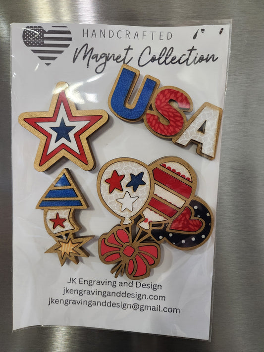 Set of USA-themed magnets on a card with 'Handcrafted Magnet Collection' branding.